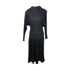 Vintage 80s Choon Black Knit Drop Waist Dolman Sleeve Midi Sweater Dress 10
